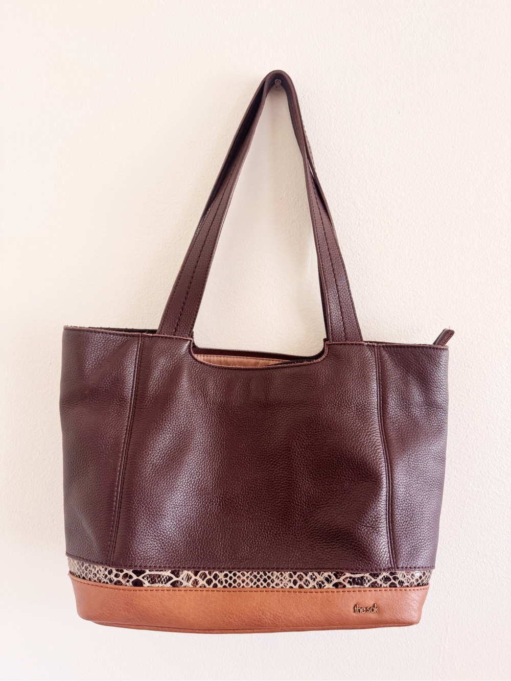 The Sak Dark Brown Tote with Tan Trim and Subtle Snake-Print Accent